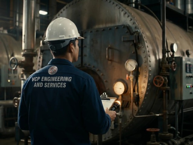 วิศวกรตรวจสอบหม้อไอน้ำและถังลม