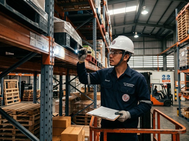 วิศวกรตรวจสอบชั้นวางสินค้า